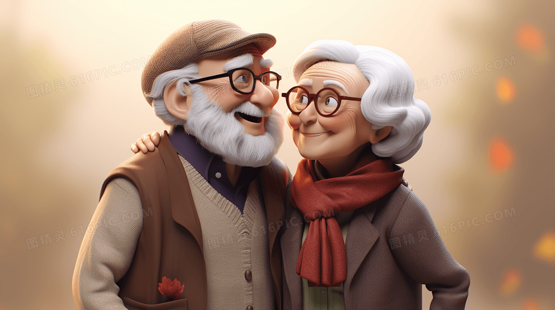 一对3D老年夫妇插画