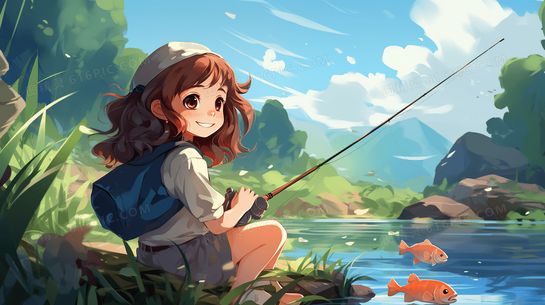 卡通小女孩在河边钓鱼场景插画