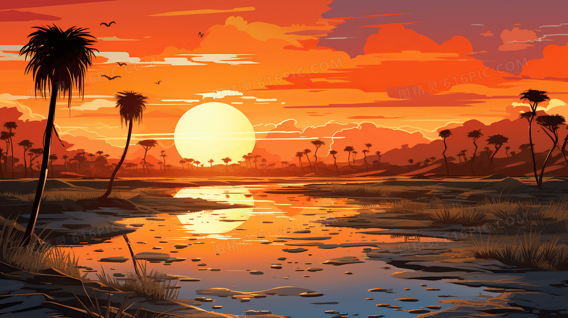 唯美沙滩夕阳落日风景插画