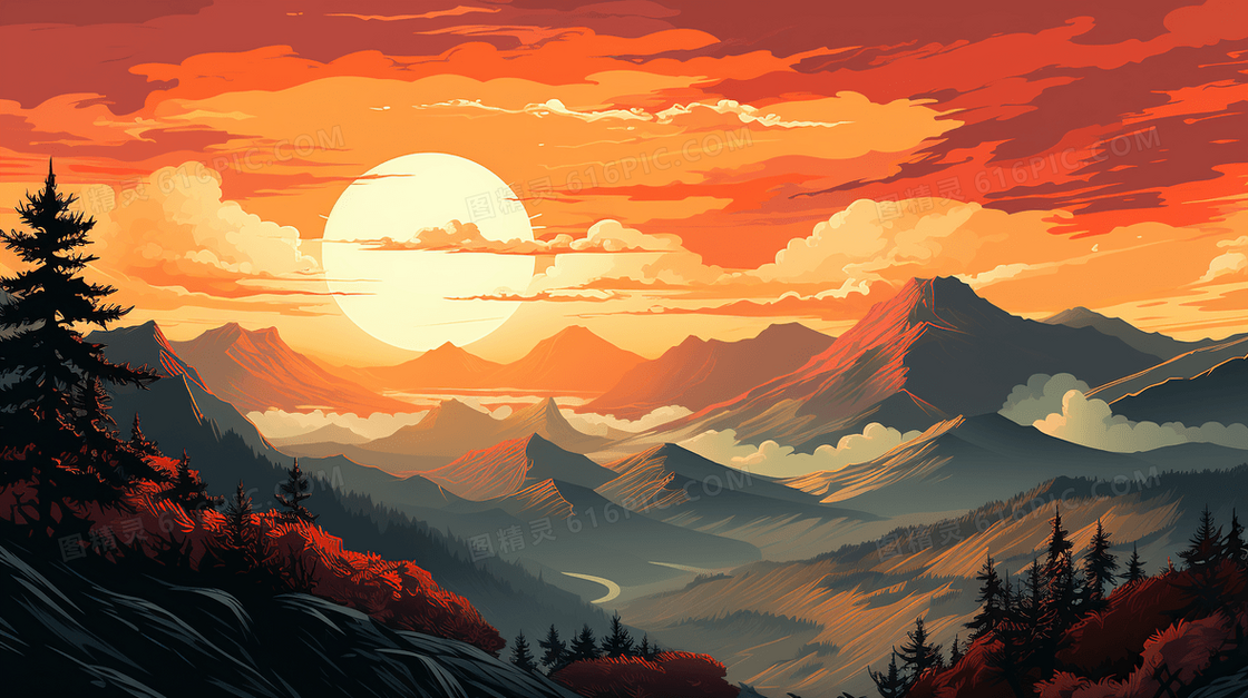 唯美山峰夕阳落日风景插画