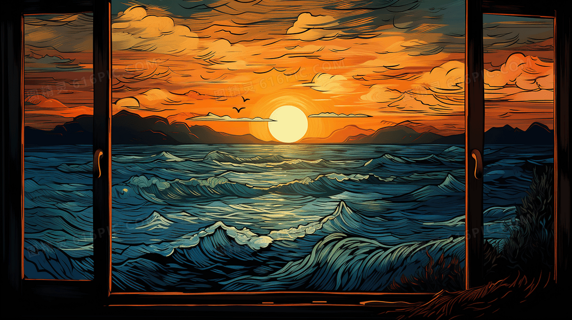 唯美大海夕阳落日风景插画