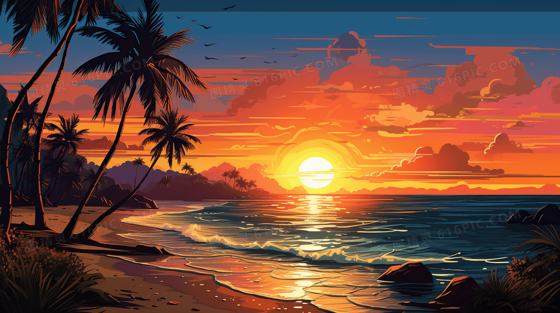 唯美大海夕阳落日风景插画