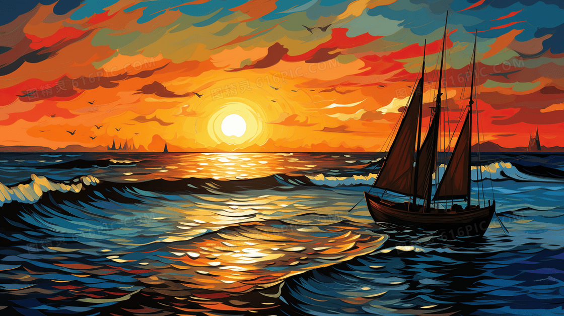 唯美大海夕阳落日风景插画