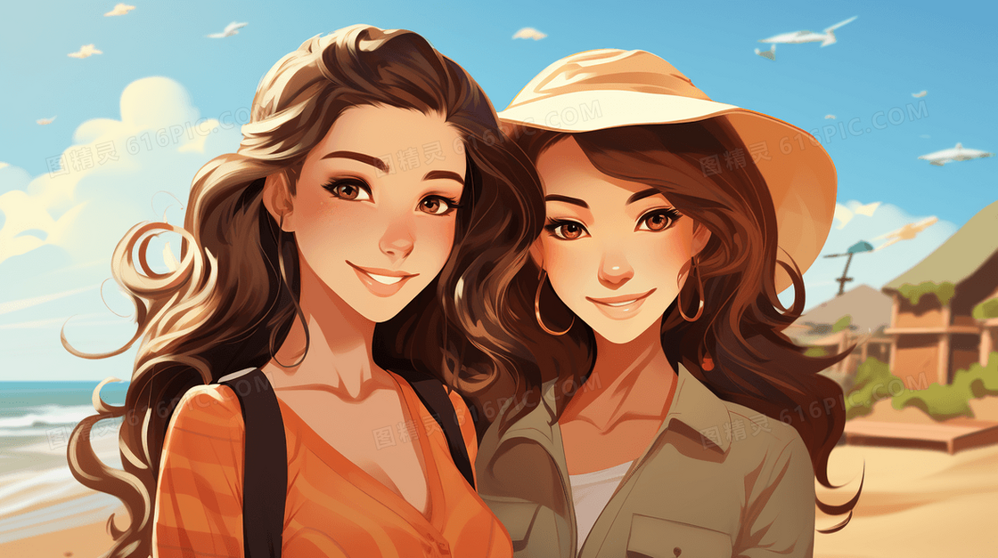 卡通女大学生在沙滩游玩插画