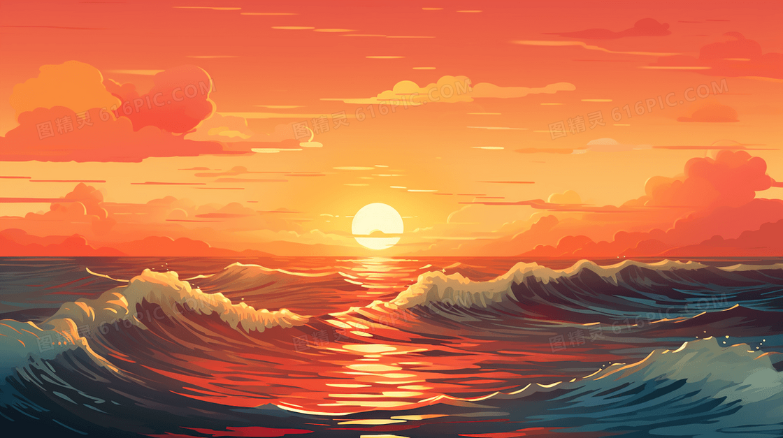 唯美大海夕阳落日风景插画