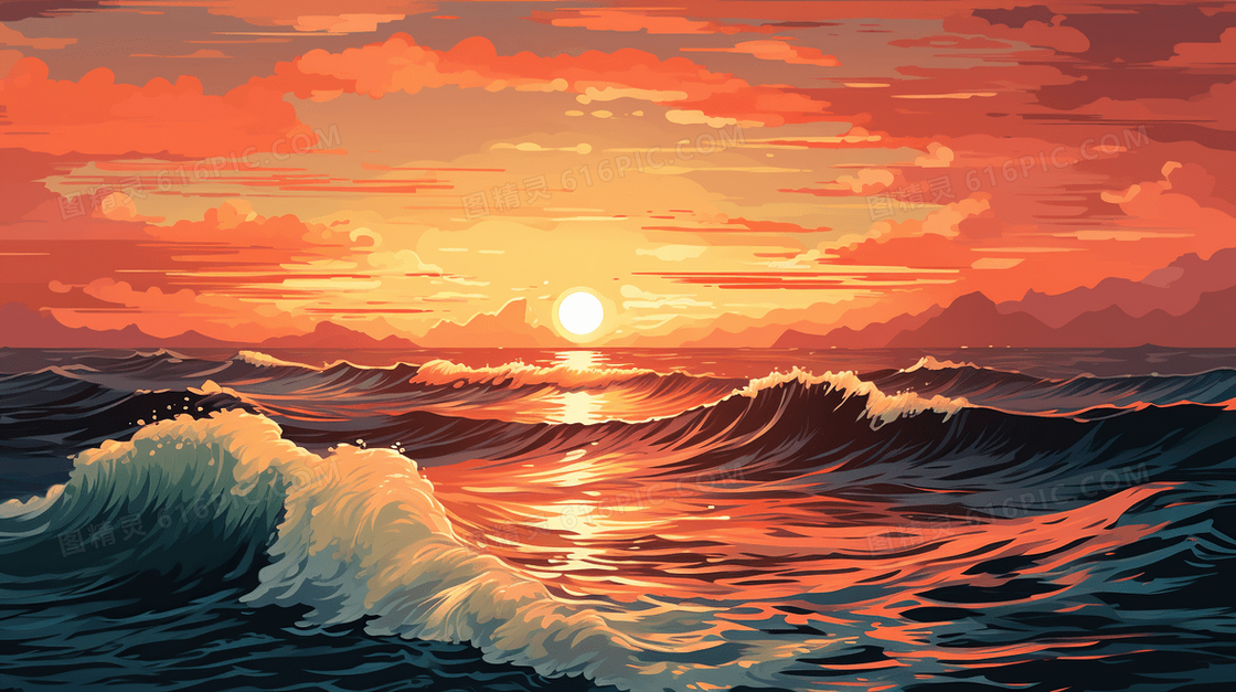 唯美大海夕阳落日风景插画