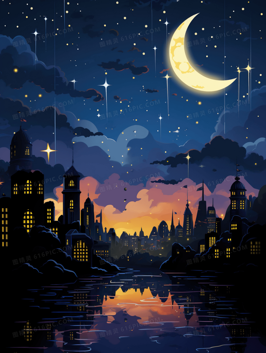 唯美星空夜晚城市风景插画