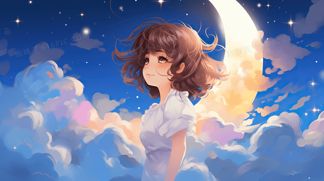 唯美星空少女夜晚风景晚安插画