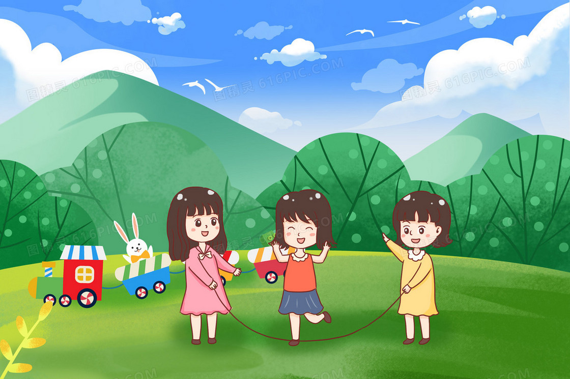 儿童在草地上跳绳插画