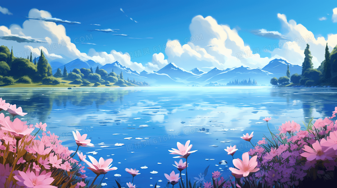 蓝天白云下的山林中河塘唯美景色插画