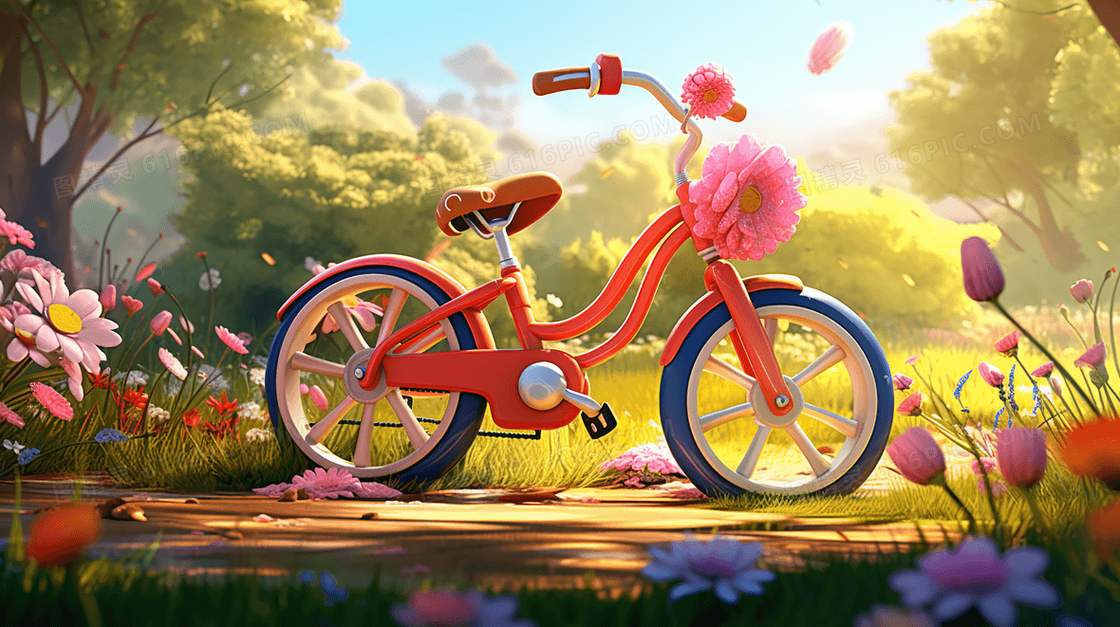草地上自行车和美丽鲜花花束插画
