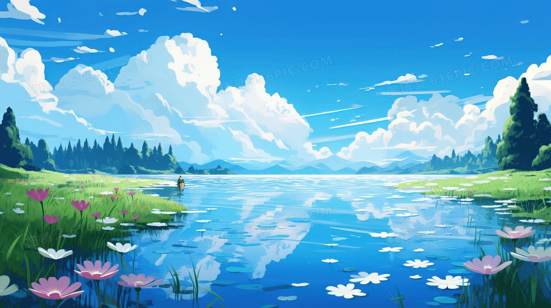 蓝天白云下的山林中河塘唯美景色插画
