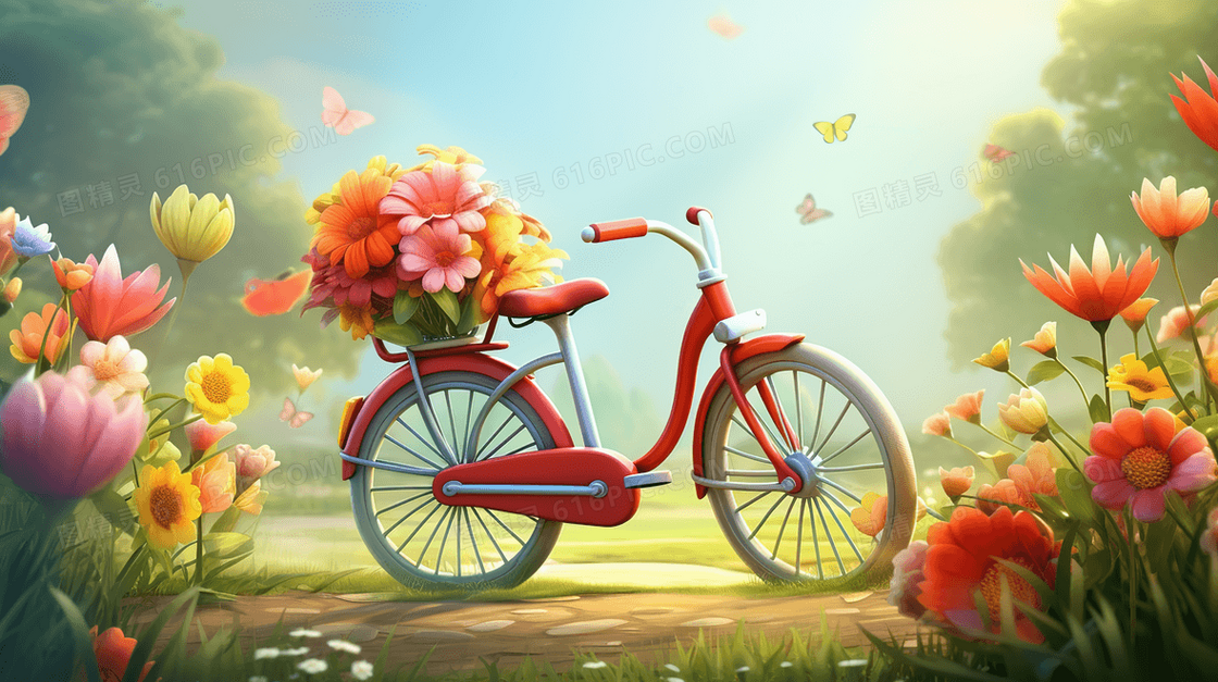 草地上自行车和美丽鲜花花束插画