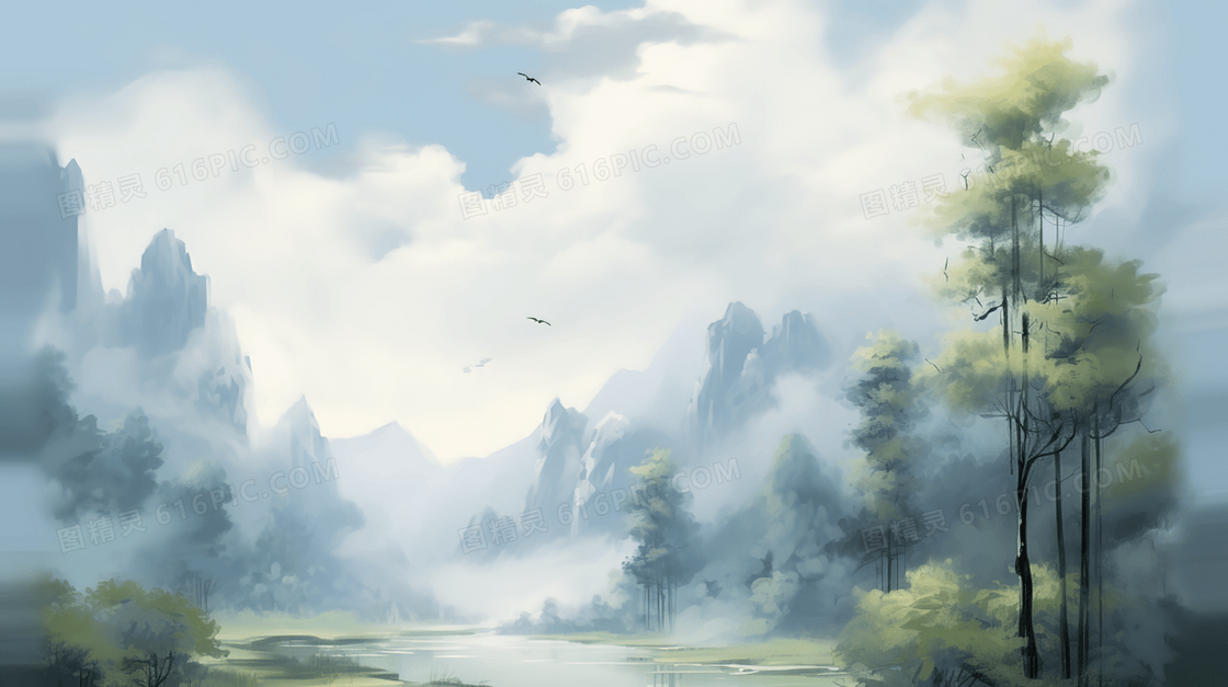 山间河流树林中国山水插画
