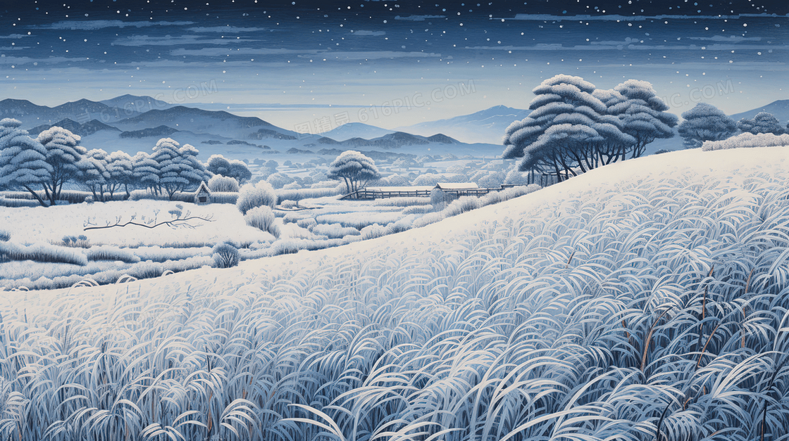 冬季山谷里的小村庄雪景插画