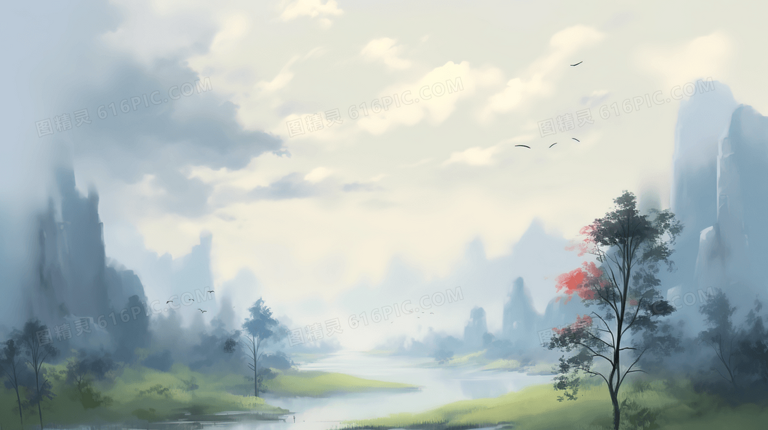 山间河流树林中国山水插画