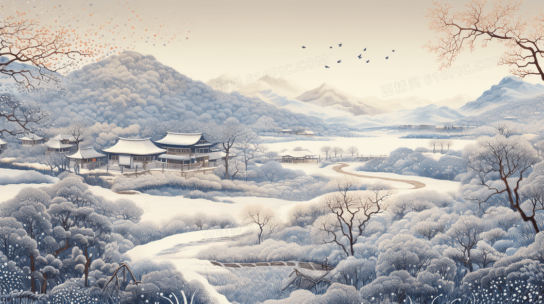 冬季山谷里的小村庄雪景插画