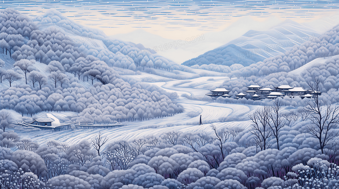 冬季山谷里的小村庄雪景插画