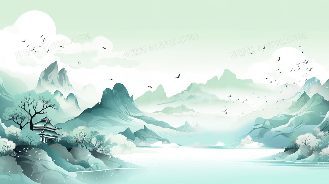 山间河流树木中国山水插画