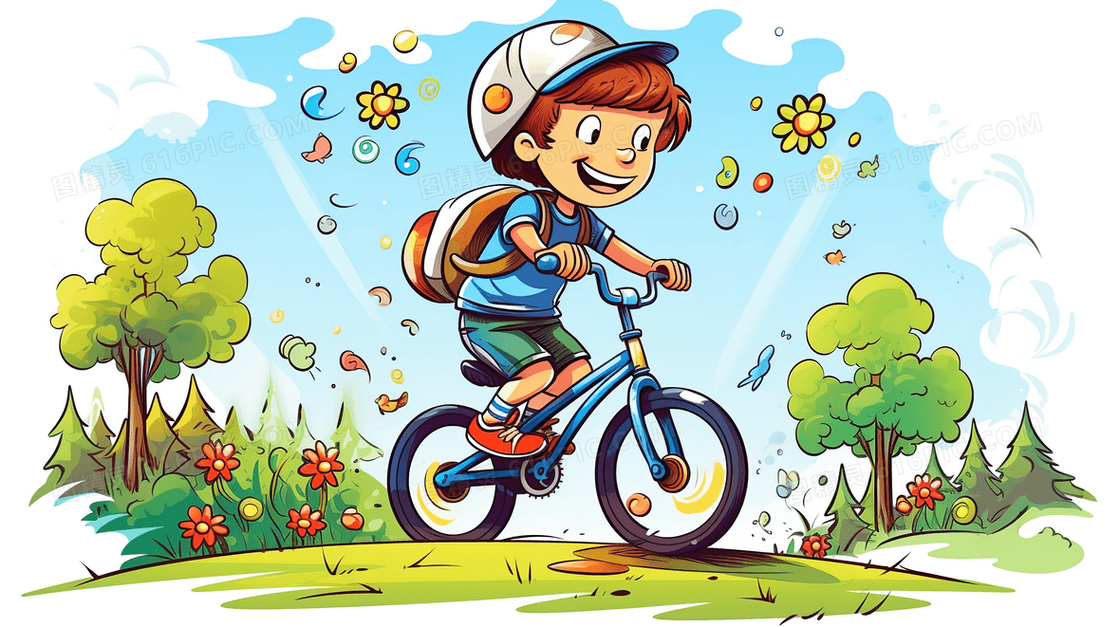 春季在森林山地骑单车的男孩