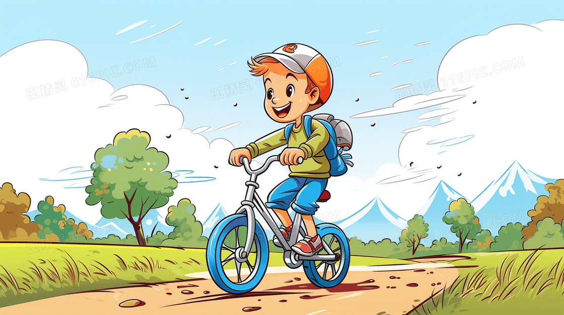春季在森林山地骑单车的男孩
