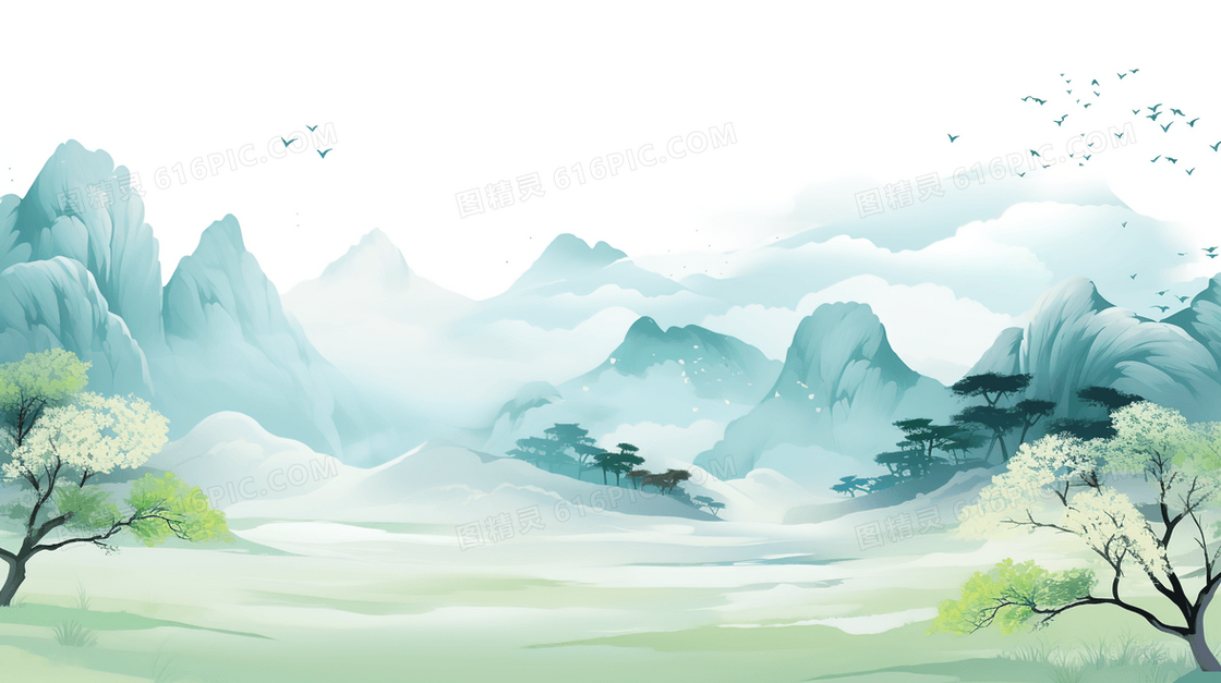 山间河流树木中国山水插画