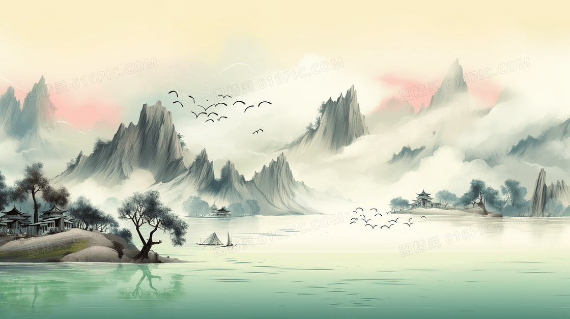 山间河流树木中国山水插画
