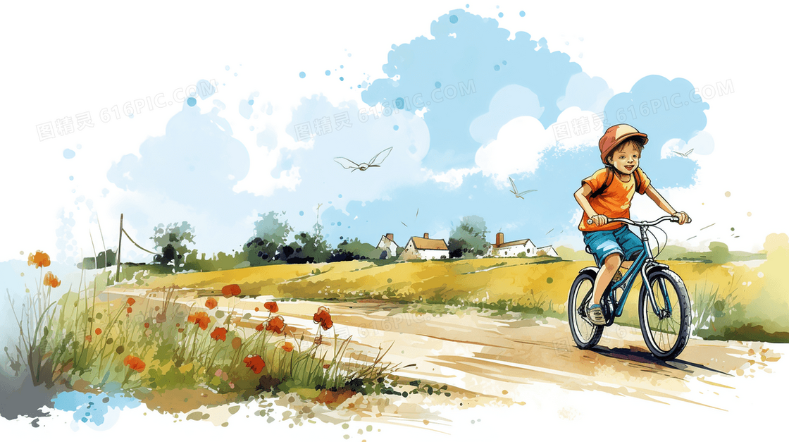 乡间小路上骑自行车的小男孩插画