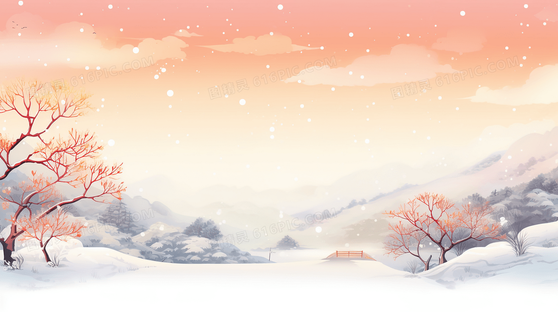 冬天白色雪地里的粉色花朵风景插画