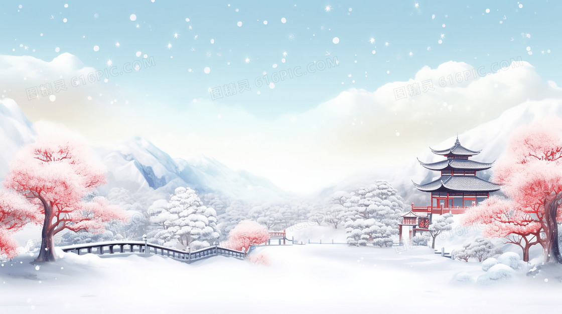 中国风冬季大雪中的园林建筑风景插画