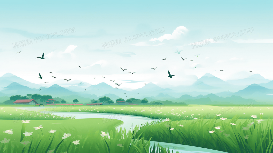远山草地小河燕子飞翔景色插画