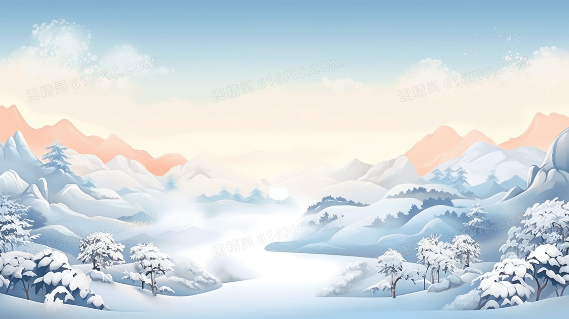 白色中国风冬季高山雪景插画