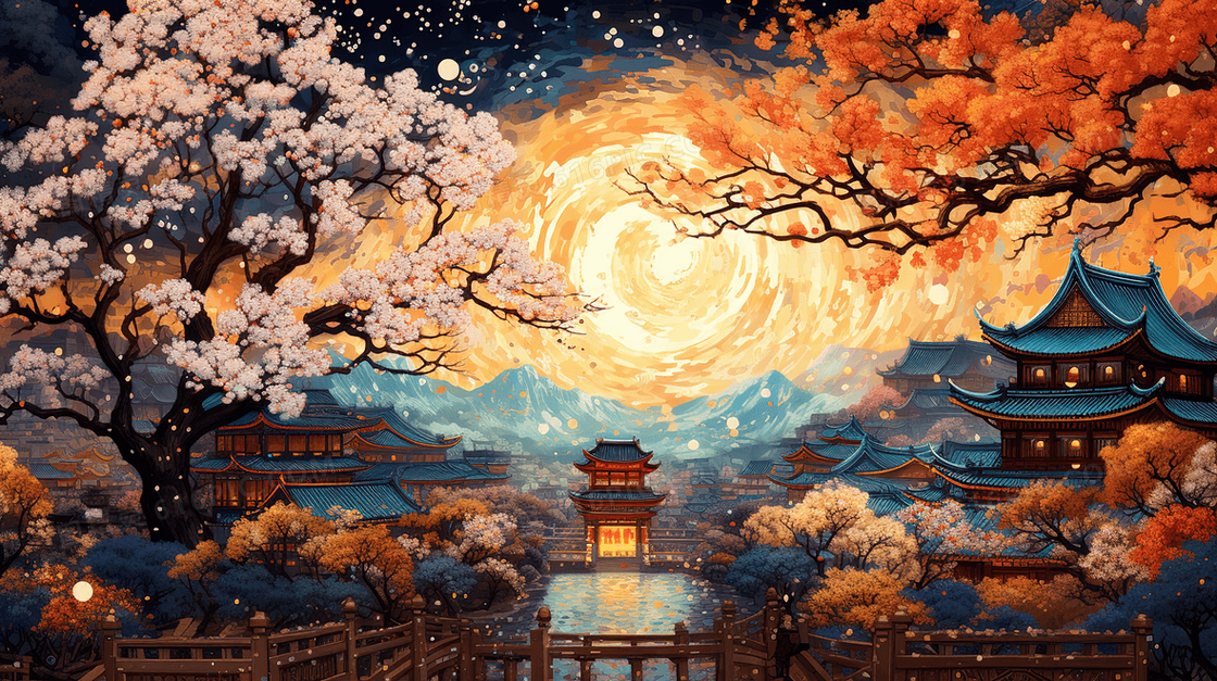 夜晚山林湖泊夜景梵高画风插画