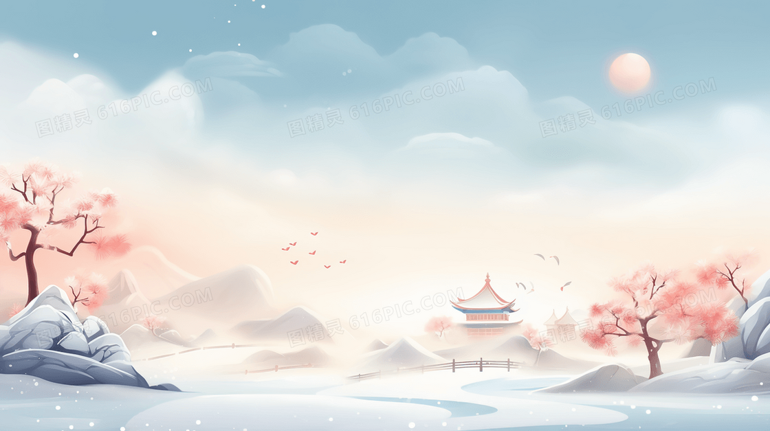 白色中国风冬季高山雪景插画