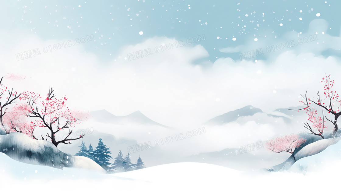 冬天白色雪地里的粉色花朵风景插画