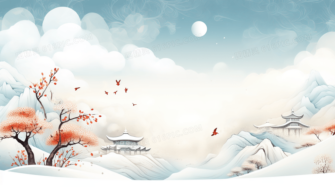 明月下的山丘雪地风景插画