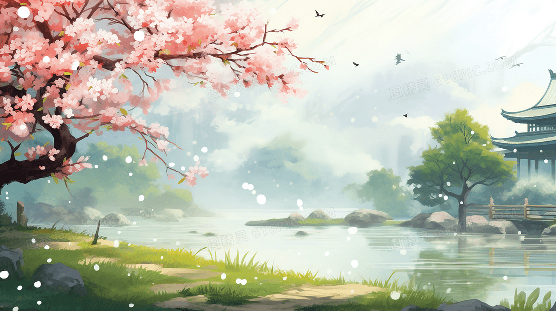 春天湖边的粉色花树风景唯美插画
