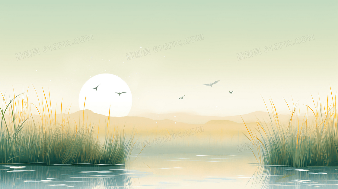 绿色白露节气湖中的白鹭鸟插画