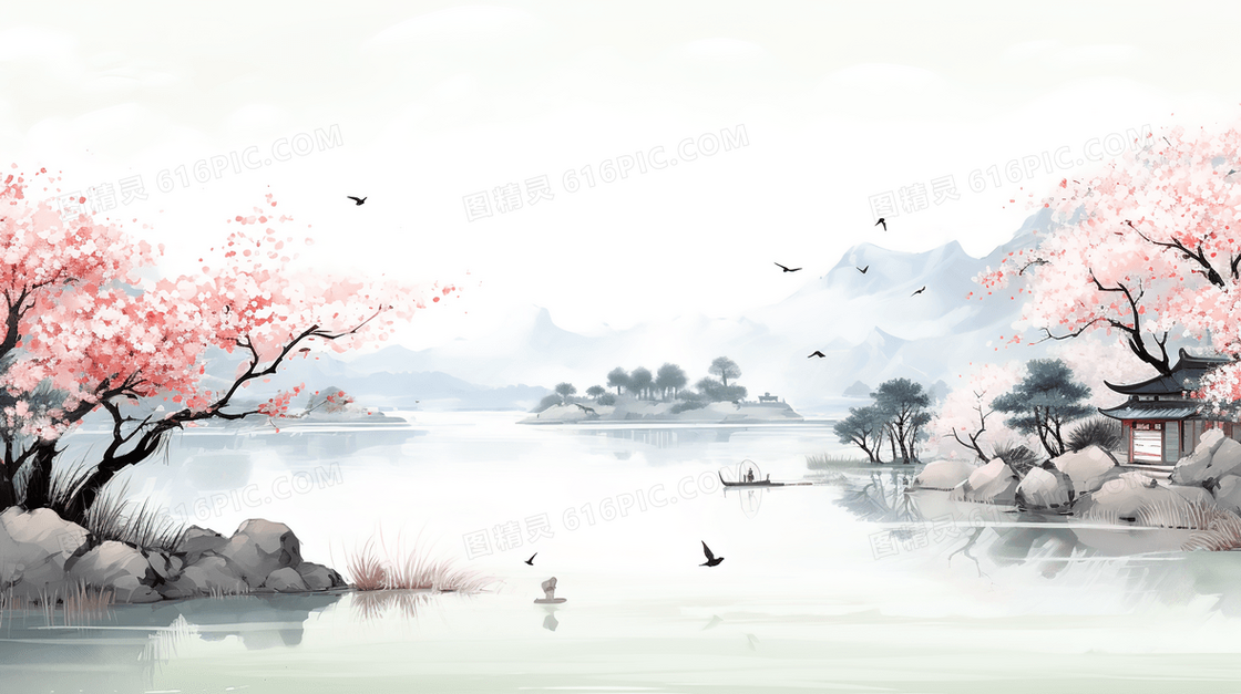 中国风湖边唯美风景水墨插画