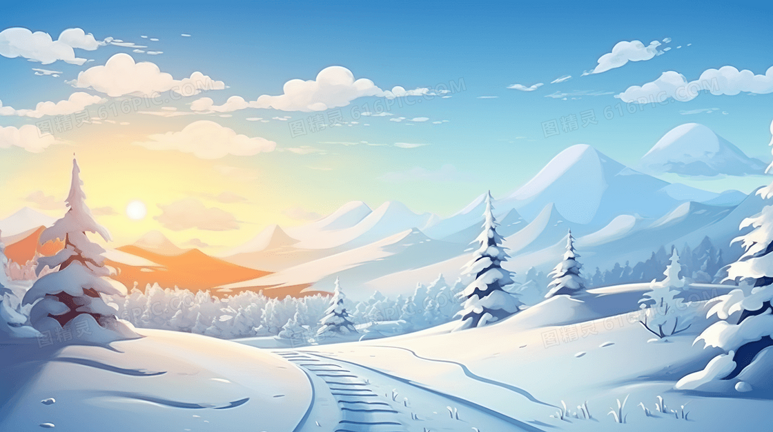 大雪覆盖的山坡树林风景插画