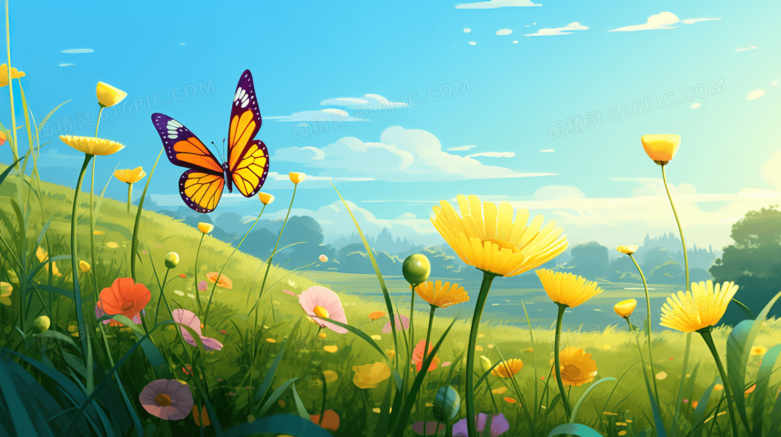 山林草地里的花丛蝴蝶翩翩起舞的春日美景概念图片