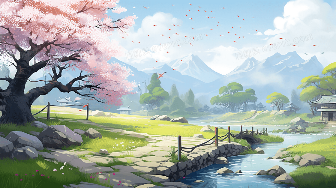 春天小河旁的粉色大树风景插画