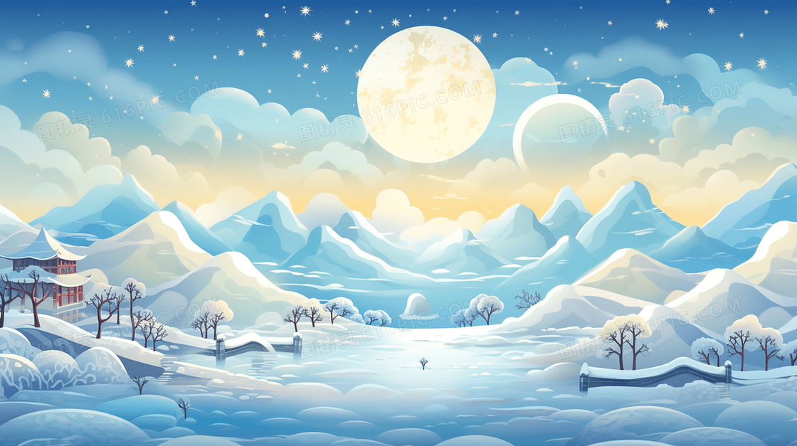 明月下被雪覆盖的山丘风景插画