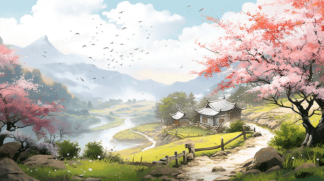 中国风春天山坡上的粉色花树风景插画