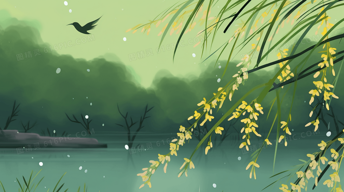 绿色湖边垂柳黄花飞鸟风景插画