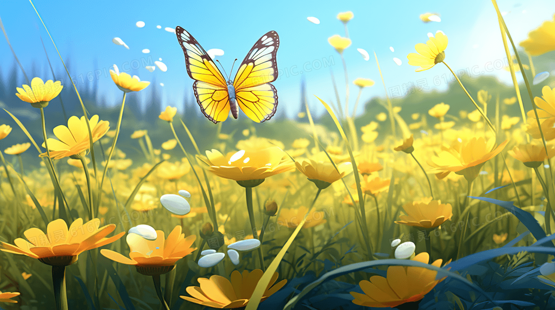 山林草地里的花丛蝴蝶翩翩起舞的春日美景概念图片
