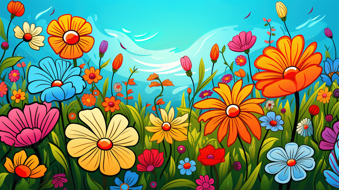 盛开的彩色鲜花花丛插画