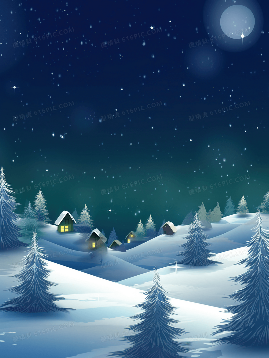 冬季星空下的森林小乡村插画