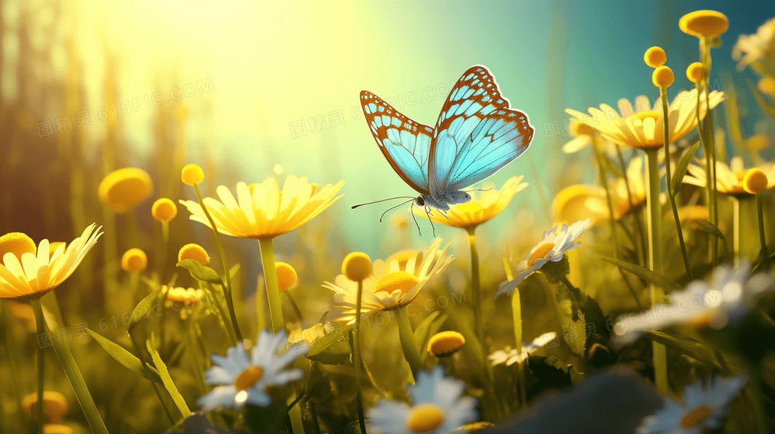 蓝天白云夕阳下的小雏菊和蝴蝶插画