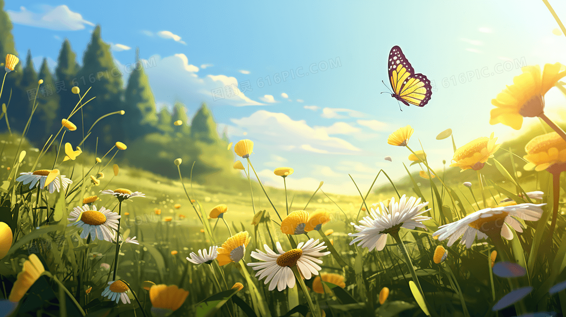 蓝天白云夕阳下的小雏菊和蝴蝶插画